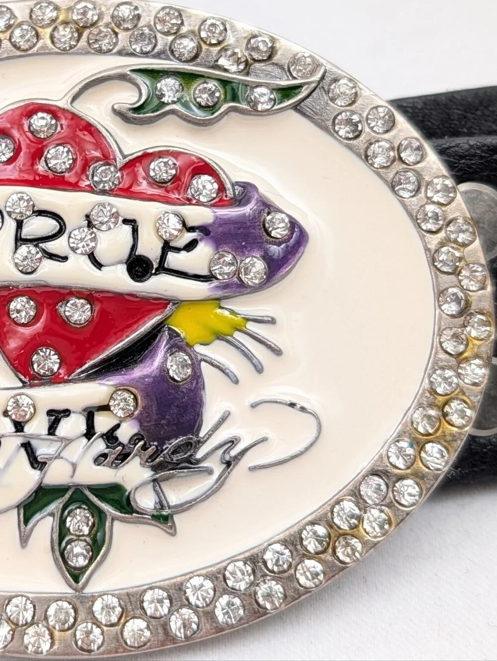Ed Hardy Leather Belt True Love Enamel & Rhinestone Buckle Y2K Retro Rockabilly